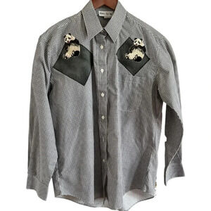 Vintage Panda Embroidered Button-down Black Checker Shirt w/Pocket Sz M